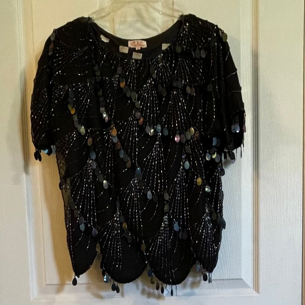 Vintage Chinese Silk Sequin top womens M black